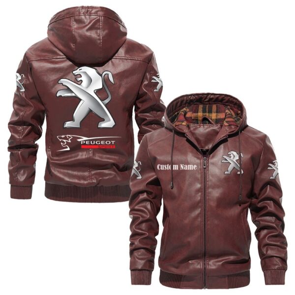 Custom Name Peugeot PU Leather Hooded Jacket – Personalized Logo Car Motorcycle Model - Image 2