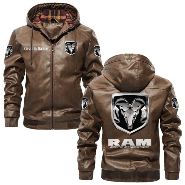 Custom Name Ram PU Leather Hooded Jacket – Personalized Logo Car Motorcycle Model - Image 3