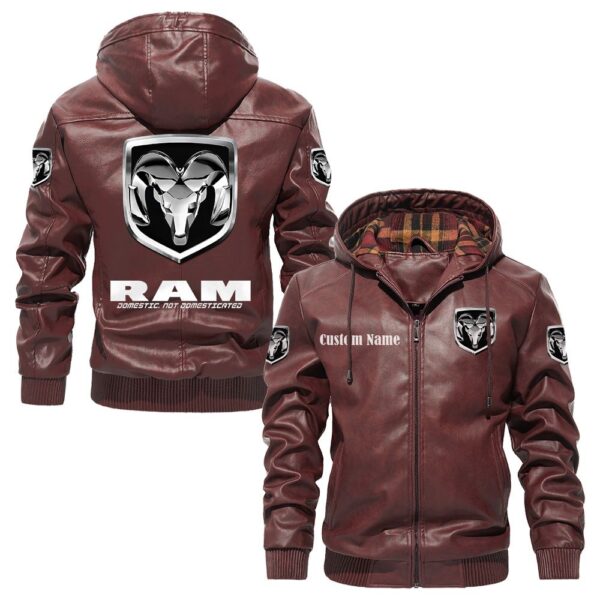 Custom Name Ram PU Leather Hooded Jacket – Personalized Logo Car Motorcycle Model - Image 2