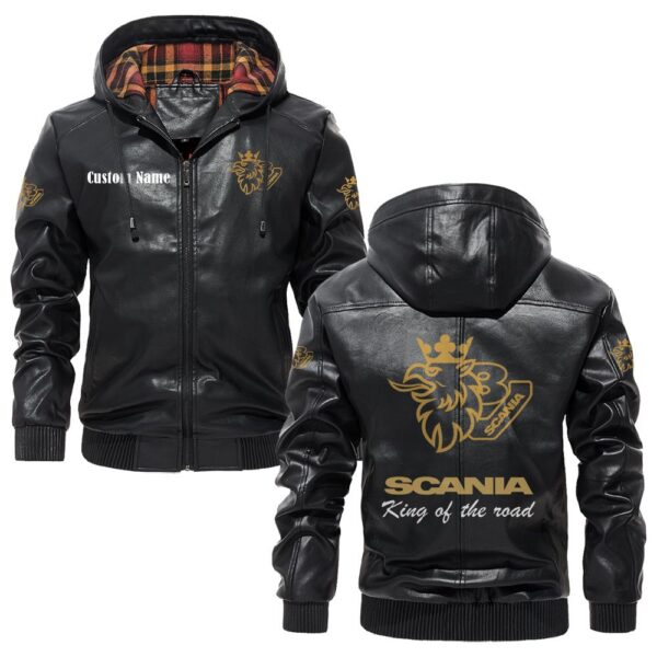 Custom Name Scania V8 PU Leather Hooded Jacket – Personalized Logo Car Motorcycle Model