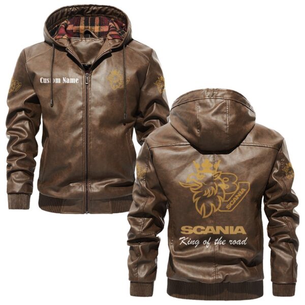 Custom Name Scania V8 PU Leather Hooded Jacket – Personalized Logo Car Motorcycle Model - Image 3