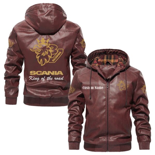 Custom Name Scania V8 PU Leather Hooded Jacket – Personalized Logo Car Motorcycle Model - Image 2