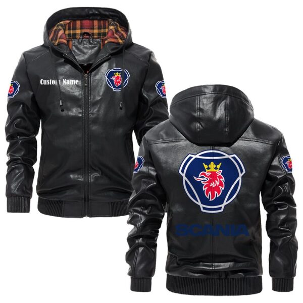 Custom Name Scania PU Leather Hooded Jacket – Personalized Logo Car Motorcycle Model