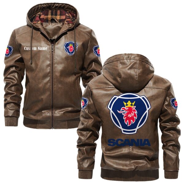 Custom Name Scania PU Leather Hooded Jacket – Personalized Logo Car Motorcycle Model - Image 3