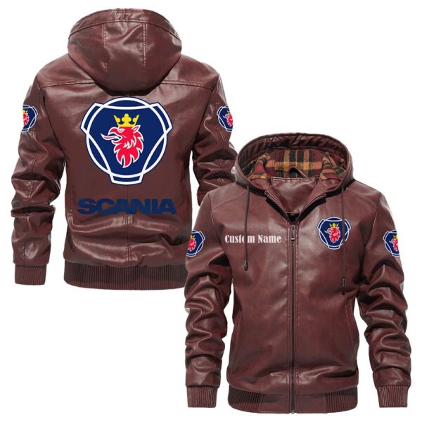 Custom Name Scania PU Leather Hooded Jacket – Personalized Logo Car Motorcycle Model - Image 2