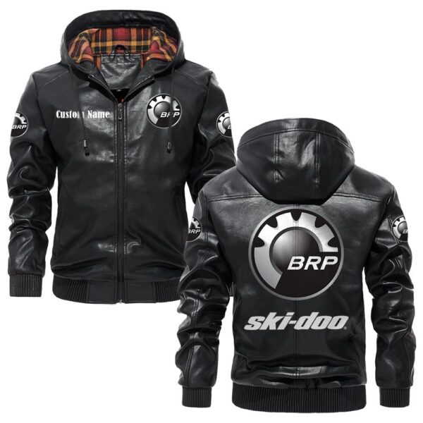 Custom Name Ski Doo PU Leather Hooded Jacket – Personalized Logo Car Motorcycle Model
