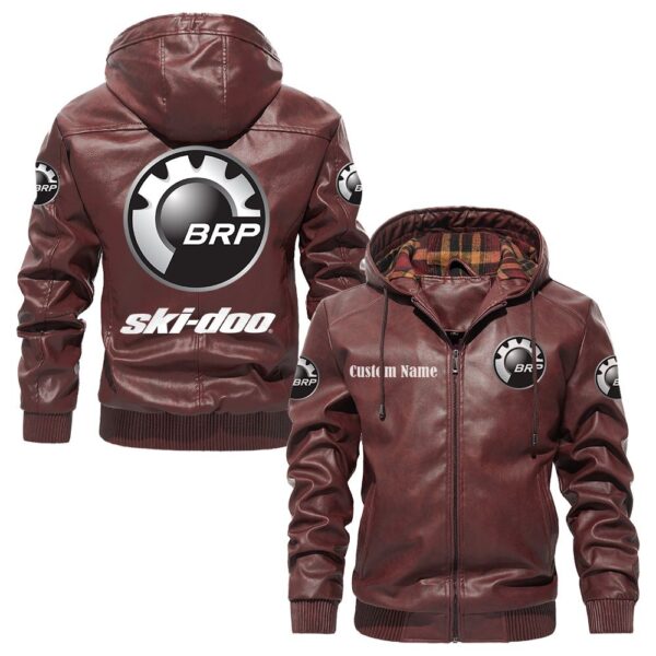Custom Name Ski Doo PU Leather Hooded Jacket – Personalized Logo Car Motorcycle Model - Image 2