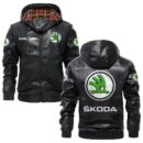 Custom Name Skoda PU Leather Hooded Jacket – Personalized Logo Car Motorcycle Model