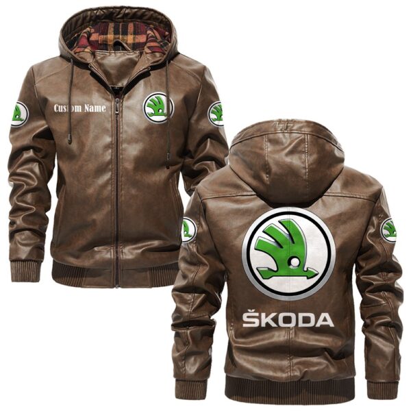 Custom Name Skoda PU Leather Hooded Jacket – Personalized Logo Car Motorcycle Model - Image 3