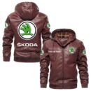 Custom Name Skoda PU Leather Hooded Jacket – Personalized Logo Car Motorcycle Model