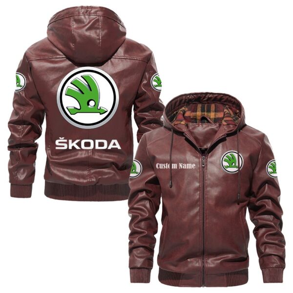 Custom Name Skoda PU Leather Hooded Jacket – Personalized Logo Car Motorcycle Model - Image 2