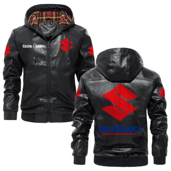 Custom Name Suzuki PU Leather Hooded Jacket – Personalized Logo Car Motorcycle Model