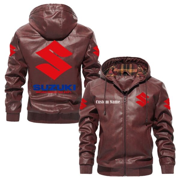 Custom Name Suzuki PU Leather Hooded Jacket – Personalized Logo Car Motorcycle Model - Image 2