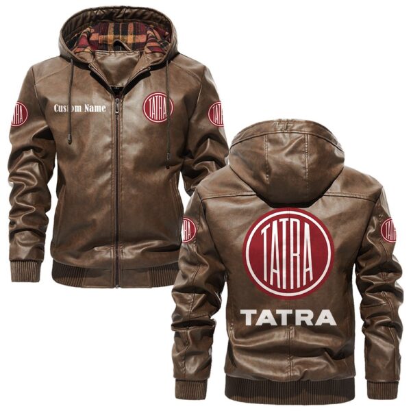 Custom Name Tatra PU Leather Hooded Jacket – Personalized Logo Car Motorcycle Model - Image 3