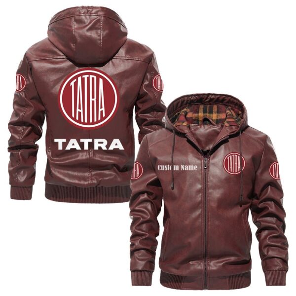 Custom Name Tatra PU Leather Hooded Jacket – Personalized Logo Car Motorcycle Model - Image 2