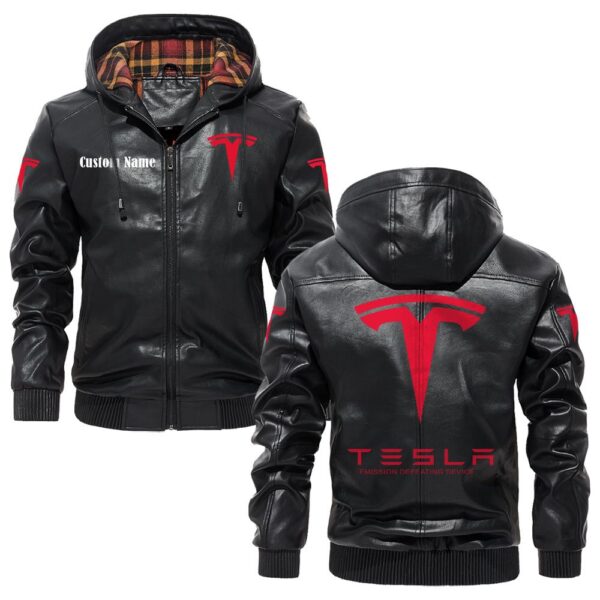 Custom Name Tesla Motors PU Leather Hooded Jacket – Personalized Logo Car Motorcycle Model