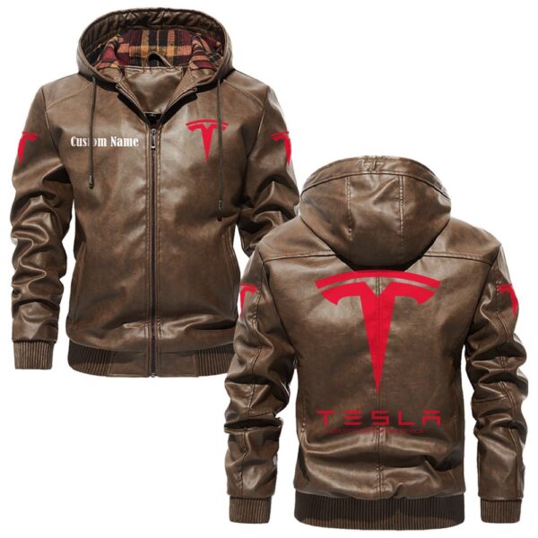 Custom Name Tesla Motors PU Leather Hooded Jacket – Personalized Logo Car Motorcycle Model - Image 3