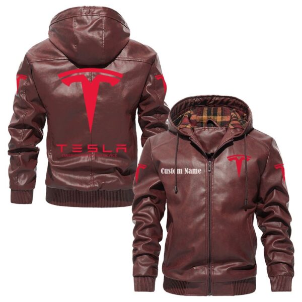 Custom Name Tesla Motors PU Leather Hooded Jacket – Personalized Logo Car Motorcycle Model - Image 2