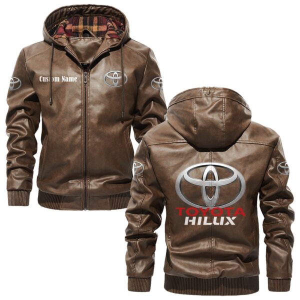 Custom Name Toyota Hilux PU Leather Hooded Jacket – Personalized Logo Car Motorcycle Model - Image 3