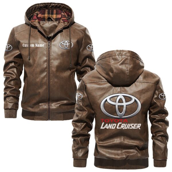 Custom Name Toyota Land Cruiser PU Leather Hooded Jacket – Personalized Logo Car Motorcycle Model - Image 3