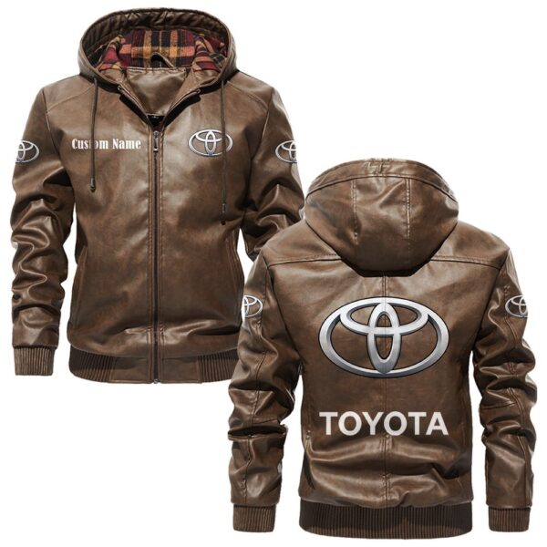 Custom Name Toyota Motor Corporation PU Leather Hooded Jacket – Personalized Logo Car Motorcycle Model - Image 3