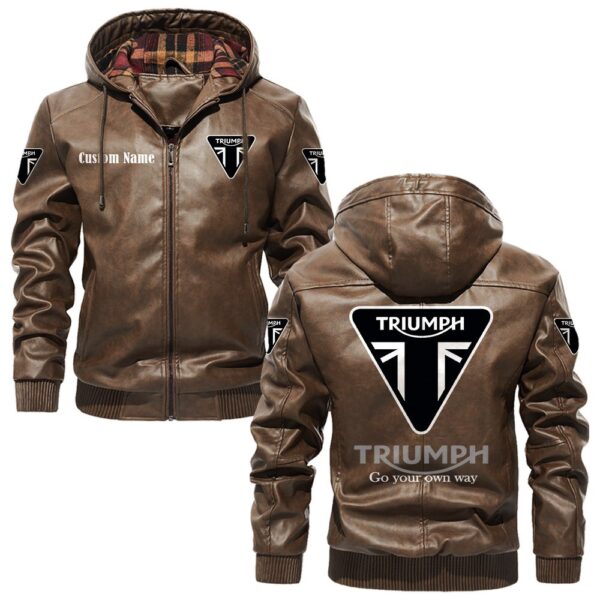 Custom Name Triumph Motorcycles PU Leather Hooded Jacket – Personalized Logo Car Motorcycle Model - Image 3