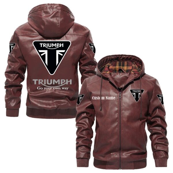 Custom Name Triumph Motorcycles PU Leather Hooded Jacket – Personalized Logo Car Motorcycle Model - Image 2