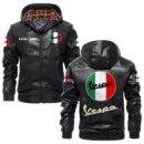 Custom Name Vespa PU Leather Hooded Jacket – Personalized Logo Car Motorcycle Model