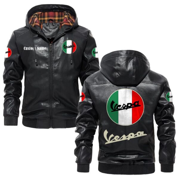 Custom Name Vespa PU Leather Hooded Jacket – Personalized Logo Car Motorcycle Model