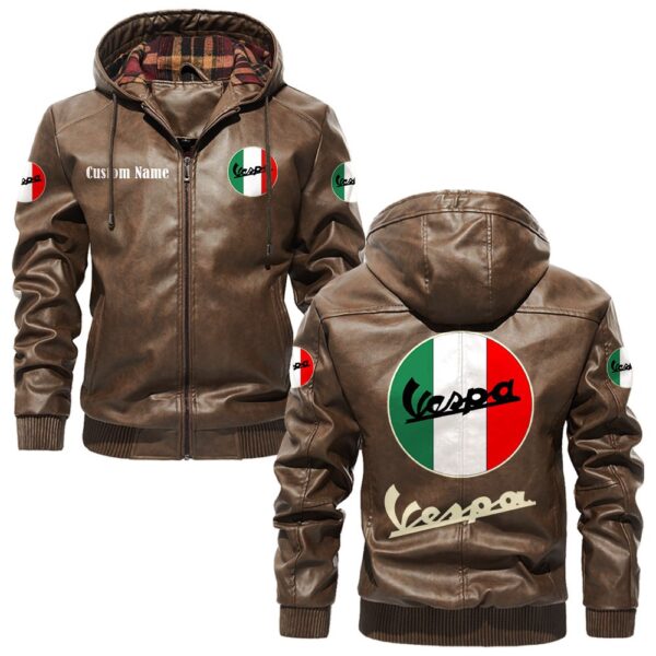 Custom Name Vespa PU Leather Hooded Jacket – Personalized Logo Car Motorcycle Model - Image 3