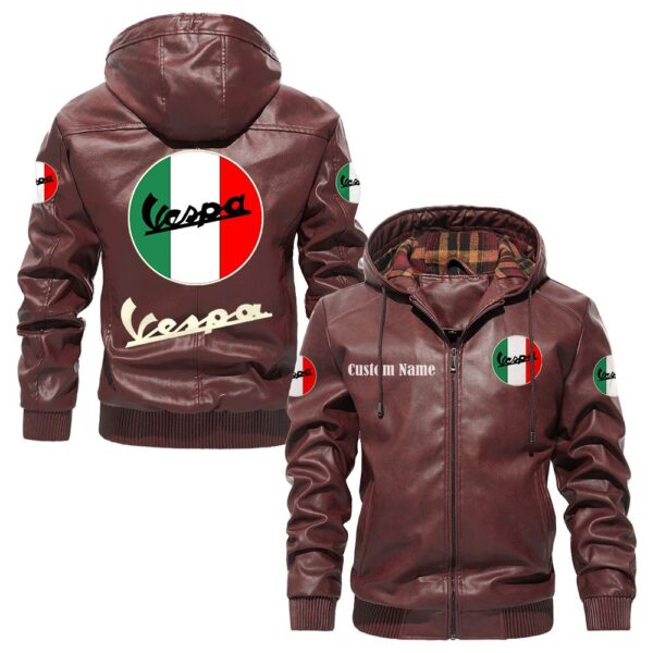 Custom Name Vespa PU Leather Hooded Jacket – Personalized Logo Car Motorcycle Model - Image 2