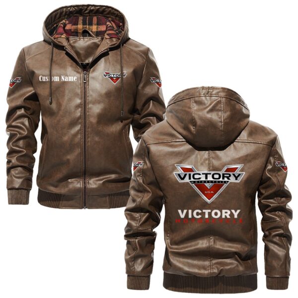 Custom Name Victory Motorcycles PU Leather Hooded Jacket – Personalized Logo Car Motorcycle Model - Image 3