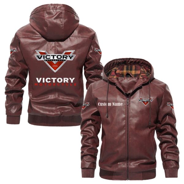 Custom Name Victory Motorcycles PU Leather Hooded Jacket – Personalized Logo Car Motorcycle Model - Image 2