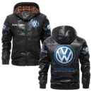 Custom Name Volkswagen PU Leather Hooded Jacket – Personalized Logo Car Motorcycle Model