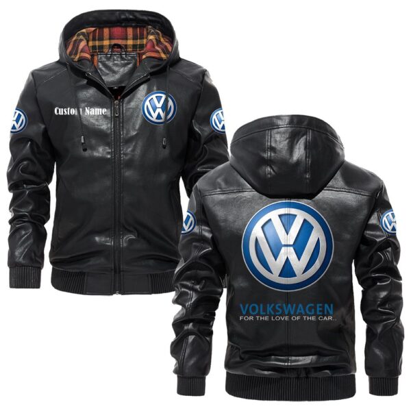 Custom Name Volkswagen PU Leather Hooded Jacket – Personalized Logo Car Motorcycle Model