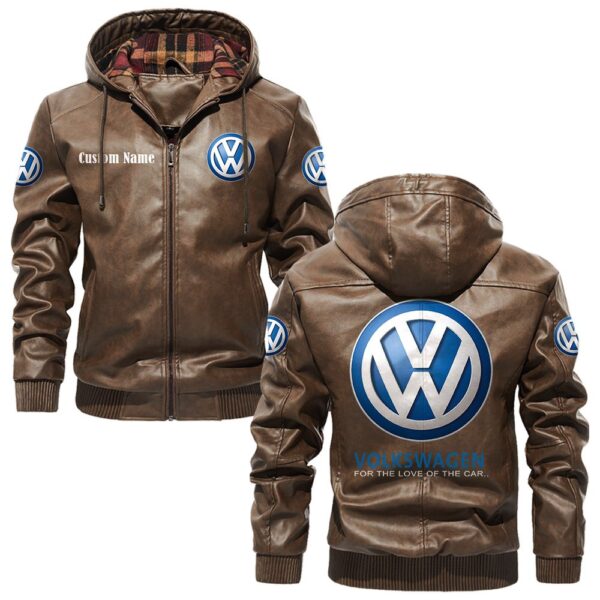 Custom Name Volkswagen PU Leather Hooded Jacket – Personalized Logo Car Motorcycle Model - Image 3