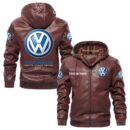 Custom Name Volkswagen PU Leather Hooded Jacket – Personalized Logo Car Motorcycle Model