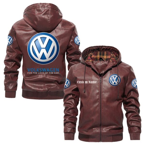 Custom Name Volkswagen PU Leather Hooded Jacket – Personalized Logo Car Motorcycle Model - Image 2