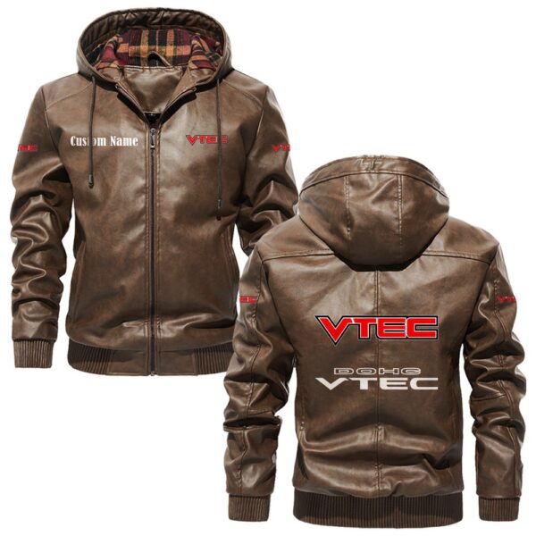 Custom Name DOHC VTEC PU Leather Hooded Jacket - Personalized Logo Car Motorcycle Model - Image 3