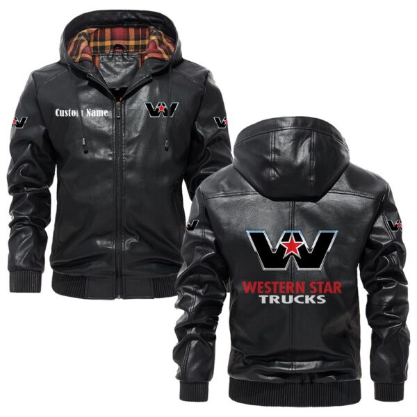 Custom Name Wester Star PU Leather Hooded Jacket - Personalized Logo Car Motorcycle Model