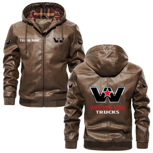 Custom Name Wester Star PU Leather Hooded Jacket - Personalized Logo Car Motorcycle Model - Image 3