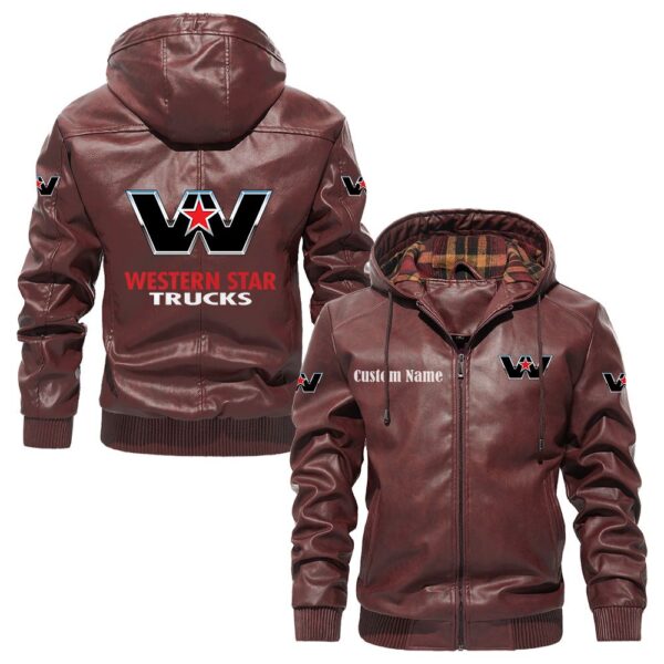 Custom Name Wester Star PU Leather Hooded Jacket - Personalized Logo Car Motorcycle Model - Image 2