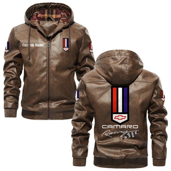 Custom Name Camaro Racing PU Leather Hooded Jacket – Personalized Logo Car Motorcycle Model - Image 3