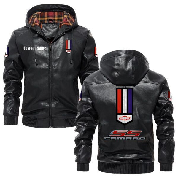 Custom Name Camaro Ss PU Leather Hooded Jacket – Personalized Logo Car Motorcycle Model