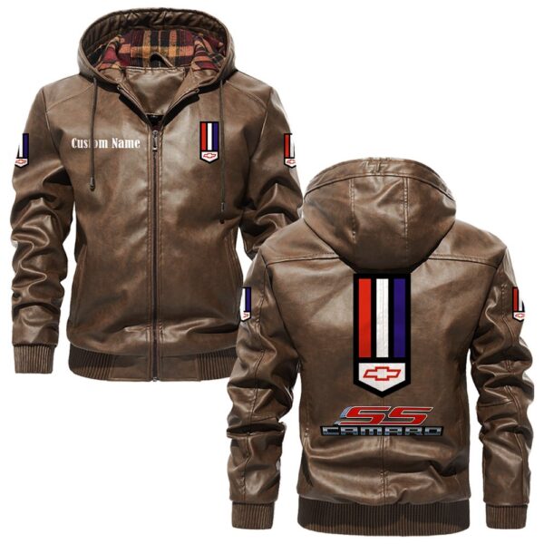 Custom Name Camaro Ss PU Leather Hooded Jacket – Personalized Logo Car Motorcycle Model - Image 3