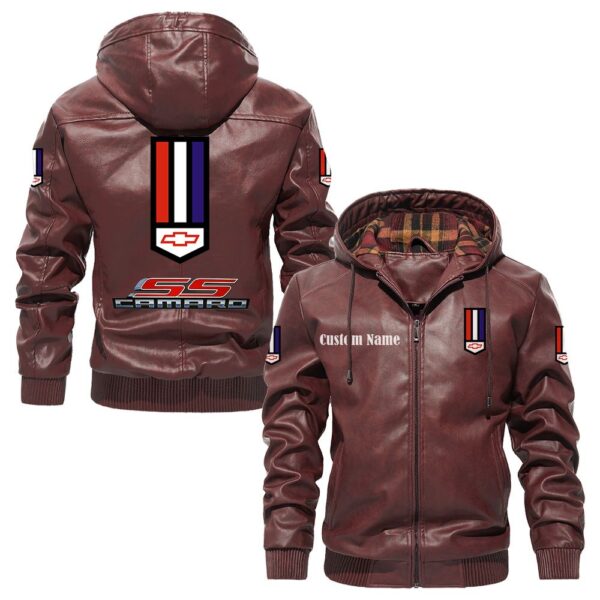 Custom Name Camaro Ss PU Leather Hooded Jacket – Personalized Logo Car Motorcycle Model - Image 2