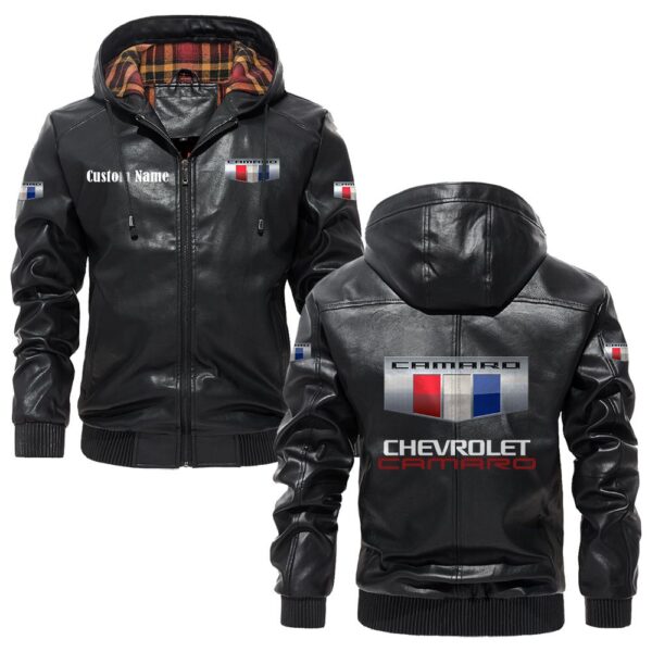 Custom Name Camaro PU Leather Hooded Jacket – Personalized Logo Car Motorcycle Model