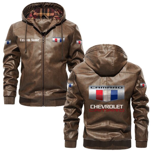 Custom Name Camaro PU Leather Hooded Jacket – Personalized Logo Car Motorcycle Model - Image 3