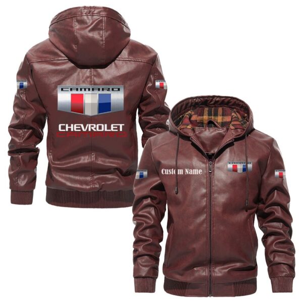 Custom Name Camaro PU Leather Hooded Jacket – Personalized Logo Car Motorcycle Model - Image 2