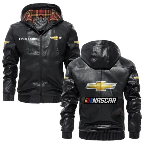 Custom Name Chevy Nascar PU Leather Hooded Jacket – Personalized Logo Car Motorcycle Model